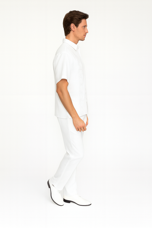 Mens Linen White Embroidered Guayabera Two-Piece Set â€“ Short Sleeve Shirt and Pants - Summer Walking Suit