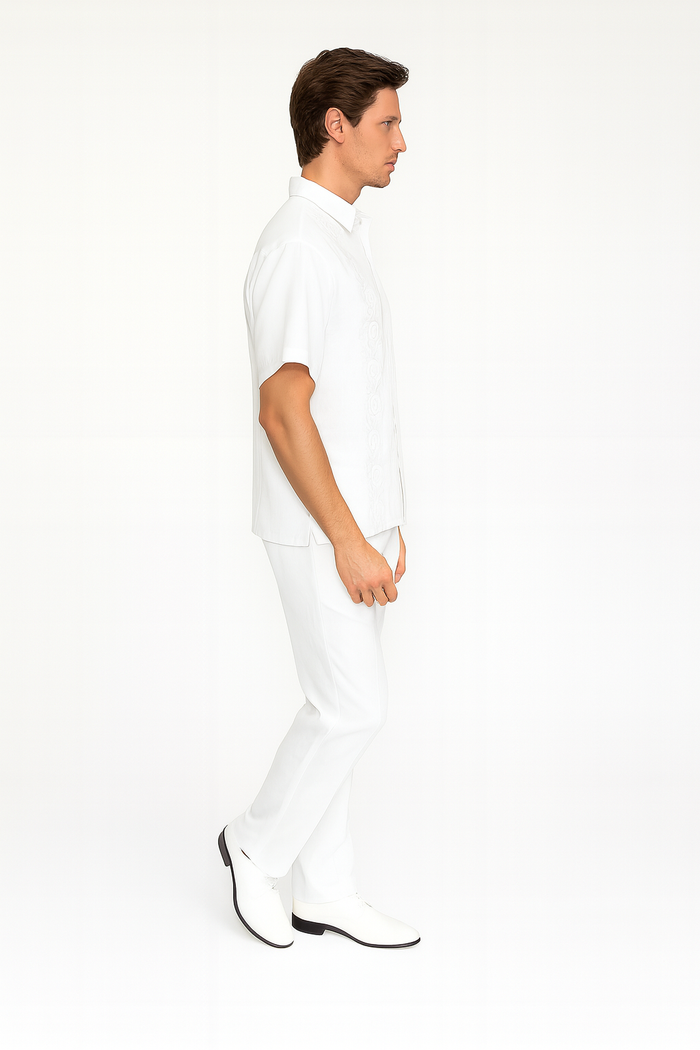 Mens Linen White Embroidered Guayabera Two-Piece Set â€“ Short Sleeve Shirt and Pants - Summer Walking Suit