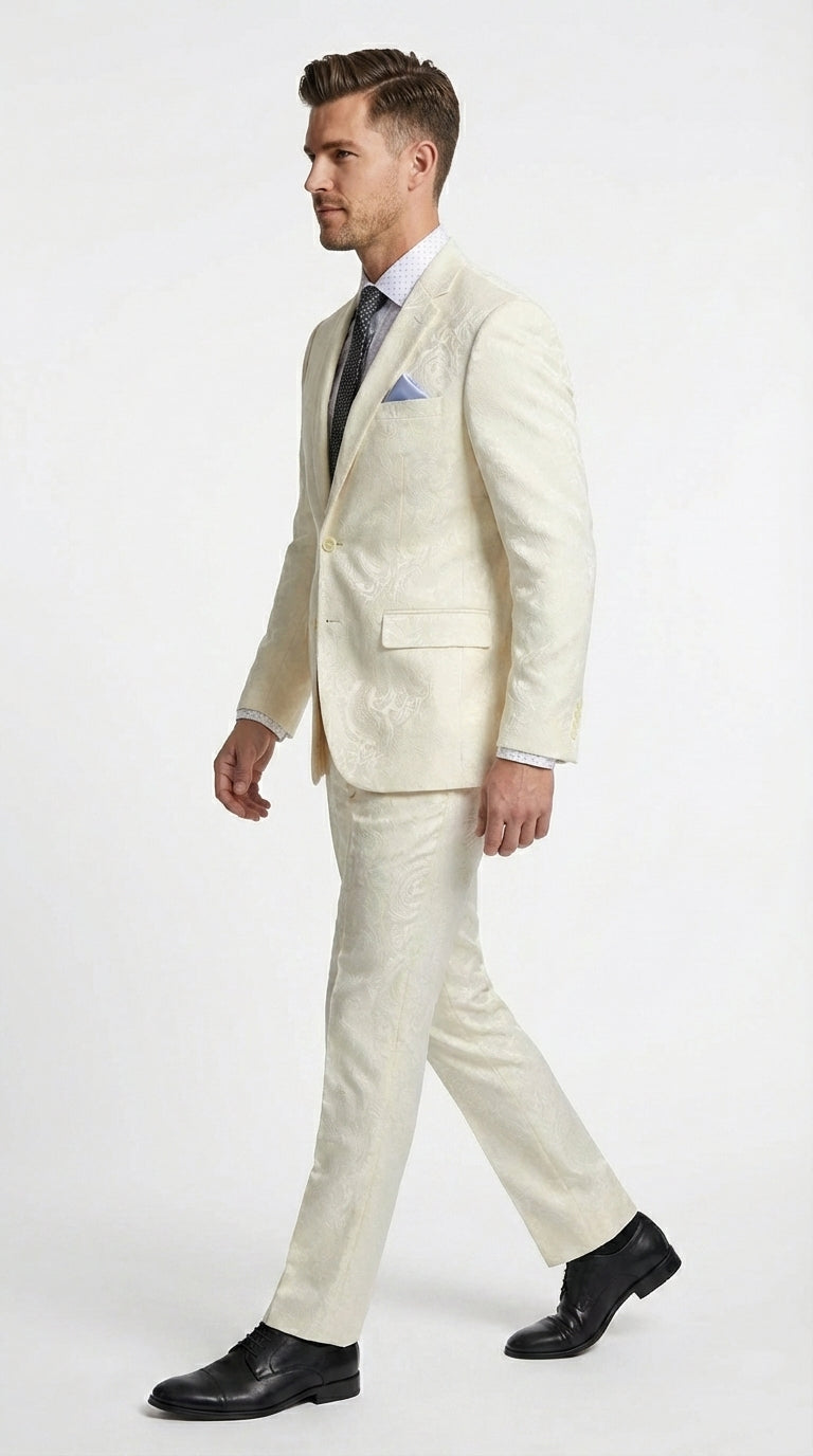 Men’s Ivory Paisley Shiny Suit – Flroal Formal Wedding and Prom Suit for Party, in Cream Off White - 34 Short or Extra Small