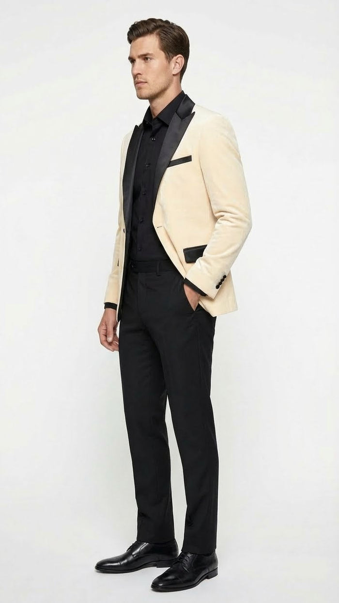 Mens Ivory Dinner Jacket - Cream Velvet Blazer with Black Satin Lapel | Wedding and Party Formal Sport Coat in off white
