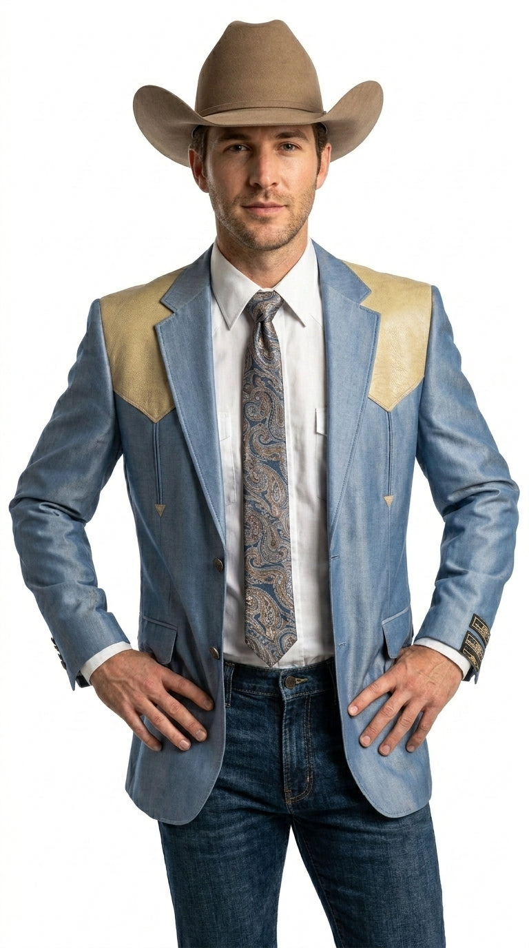 Men’s Steel - Light Blue and Bone Color Western Cowboy Blazer – Shiny Country Style Dress Jacket for Rodeo Saco De Hombre Vaquero - 36 Short