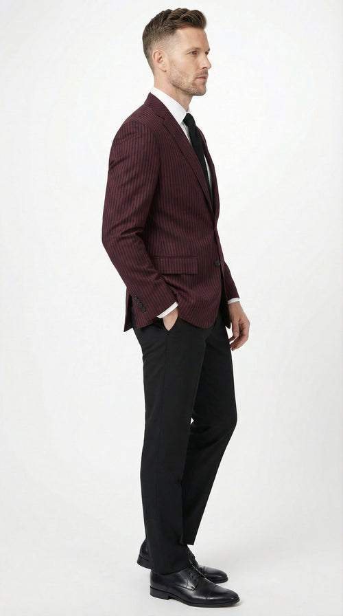 Mens Burgundy Pinstripe Blazer Classic Tailored Formal Jacket for Business, Office and Evening Wear