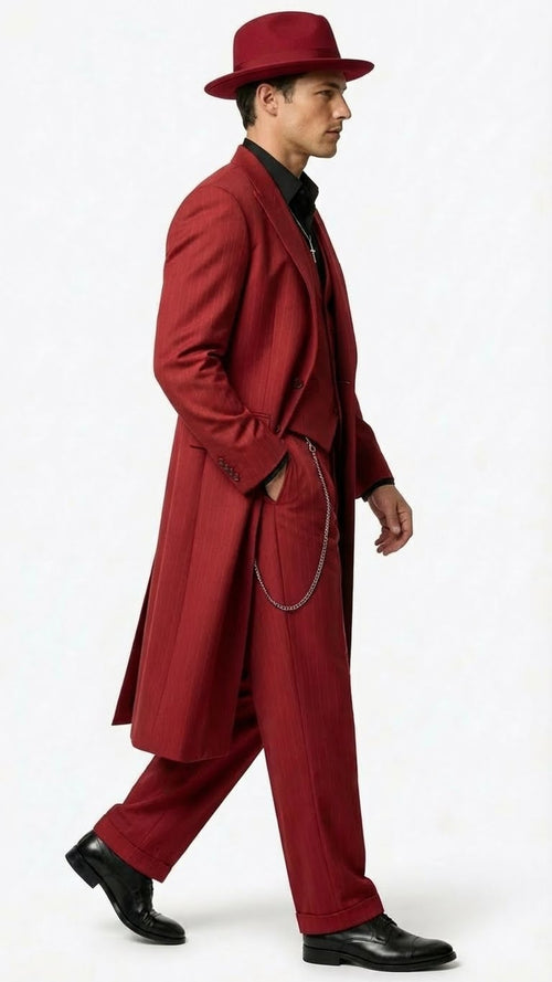 Mens 1920s Burgundy Zoot Suit Long Mafia Gangster Three-Piece Vintage Outfit Zuit Pachuco Style