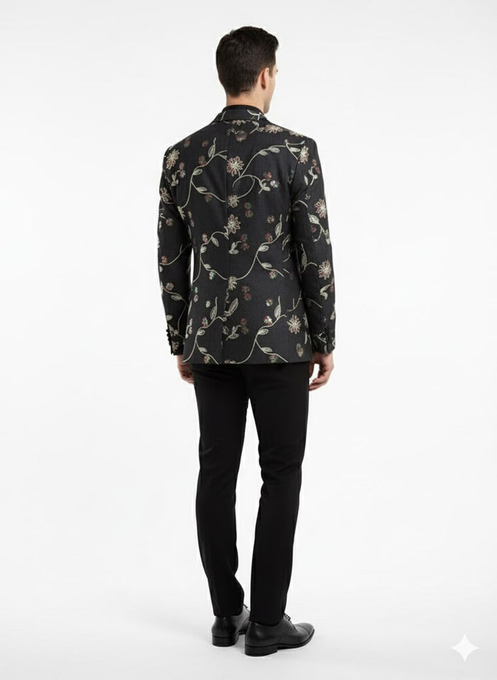 Luxury Black Floral Embroidered Blazer for Men Designer Party and Wedding Wear Jacket
