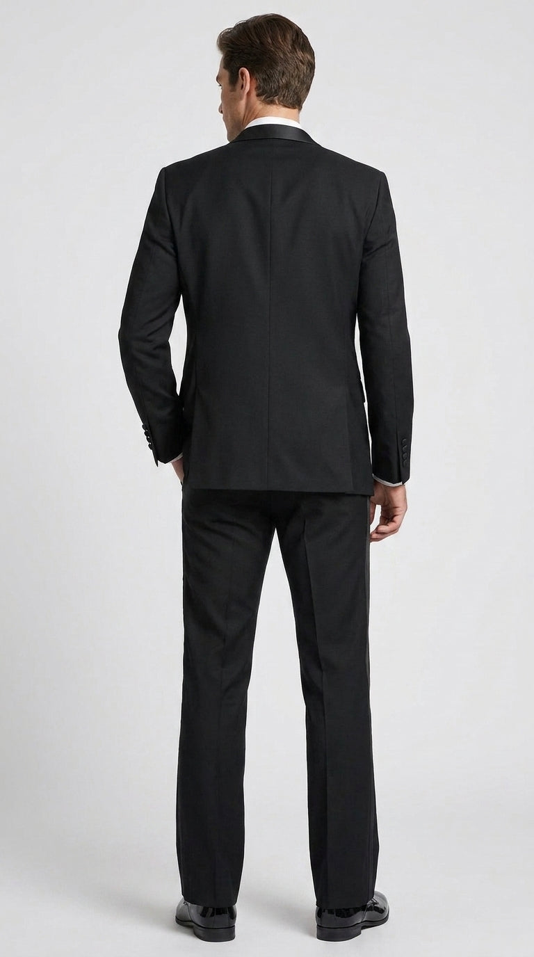 Men’s Black Boot Cut 3-Piece Tuxedo Suit – Peak Lapel Wedding, Prom and Formal Suit 1970s Style - 34 Short or Extra Small