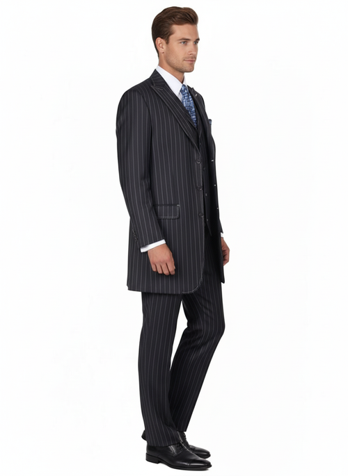 Men's Three Button Suits -  Navy Blue Pinstripe Three-Piece Suit Classic Business and Formal Wear with Tailored Fit