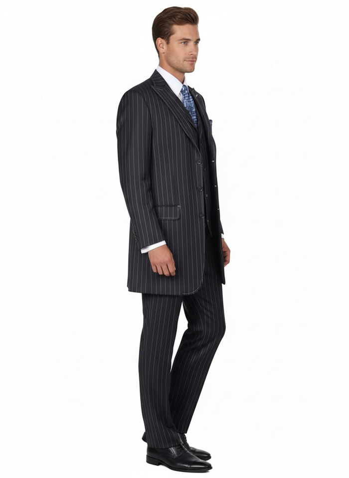 Men's Three Button Suits -  Navy Blue Pinstripe Three-Piece Suit Classic Business and Formal Wear with Tailored Fit