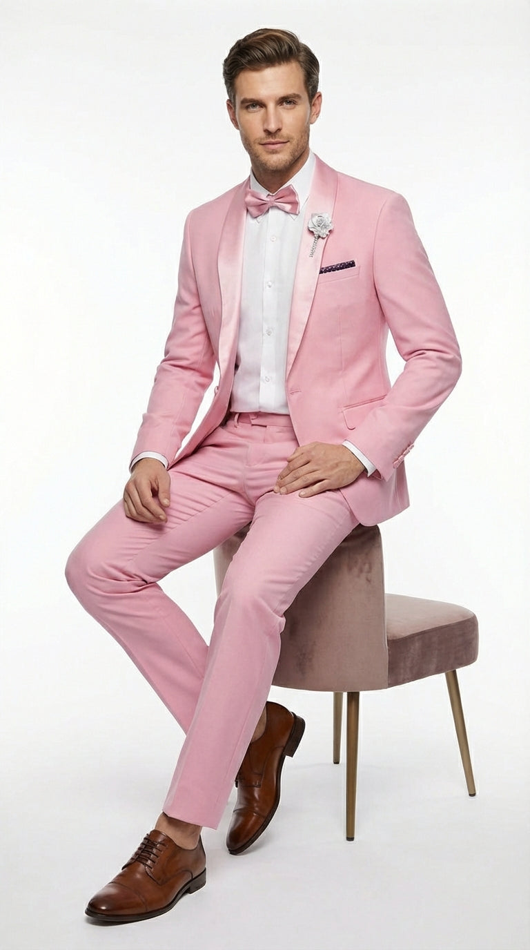 Mens Dusty Rose Pink Summer Tuxedo – Satin Shawl Lapel Formal Wedding Prom Suit - 34 Short or Extra Small