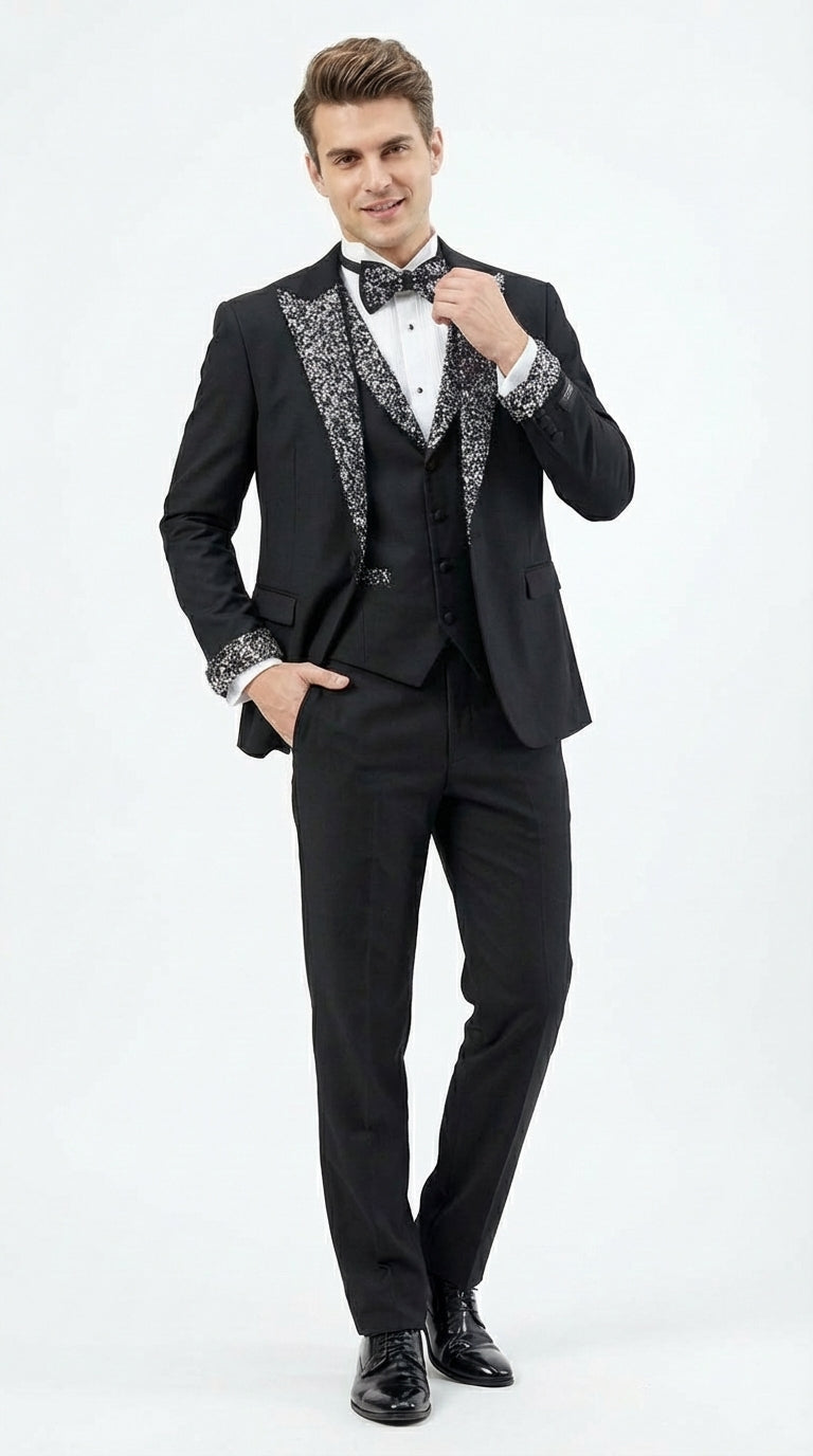 Mens Black and White Lapel Tuxedo Suit – Black Formal Tuxedo with White Pattern Lapel for Wedding, Prom and Evening Events - 34 Short or Extra Small
