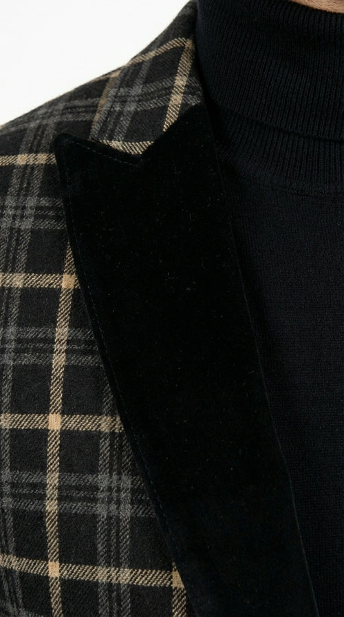 Mens Tartan Black and Gold Check Blazer – Windowpane Plaid Sport Coat Velvet Lapel Formal Party Jacket Chirsitmas New Year Holiday Jacket