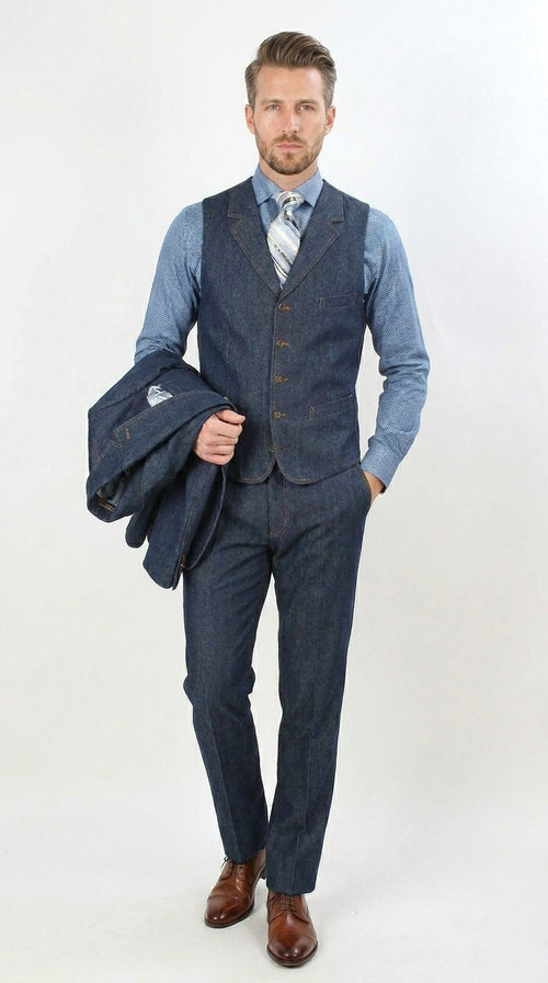Men’s Pleated Pants Dark Blue Denim 3 Piece Suit – 100% Cotton Formal Suit Set, Blazer Vest Pants Outfit Classic Fit Athletic Fit Lose Fit