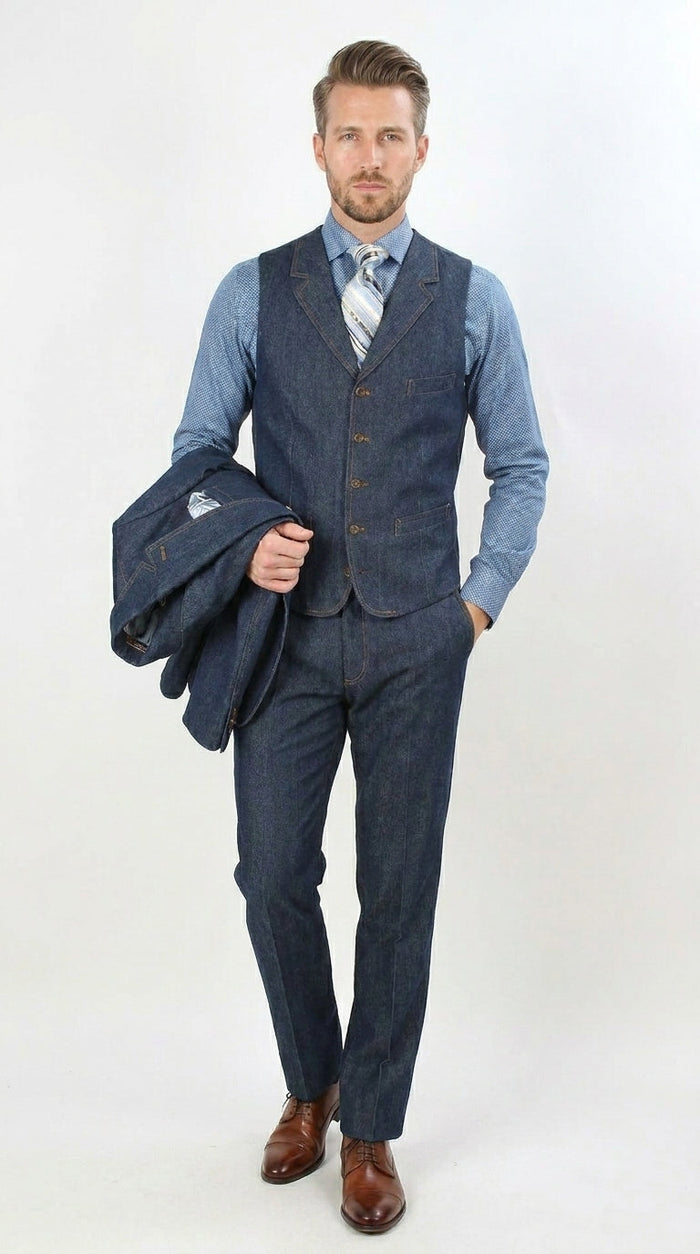 Men’s Pleated Pants Dark Blue Denim 3 Piece Suit – 100% Cotton Formal Suit Set, Blazer Vest Pants Outfit Classic Fit Athletic Fit Lose Fit