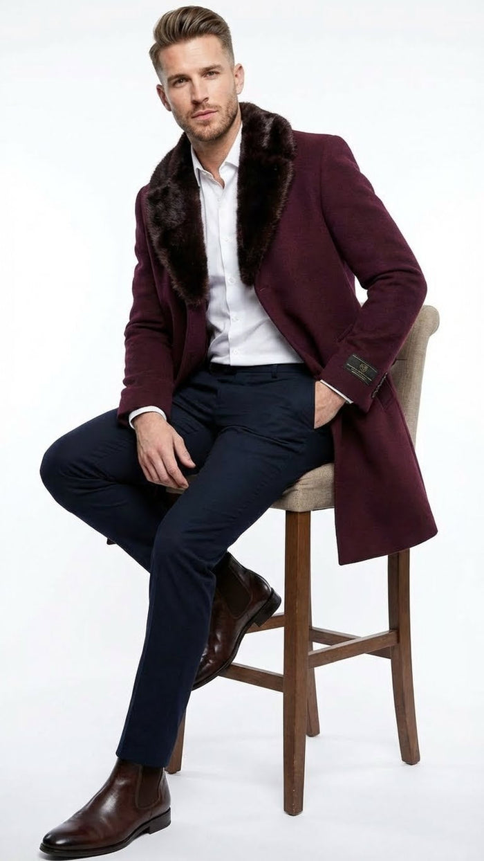 Mens Burgundy Three Quarter Coat with Faux Fur Collar Overcoat Luxury Winter Outerwear Three Quarter Carcoat Topcoat