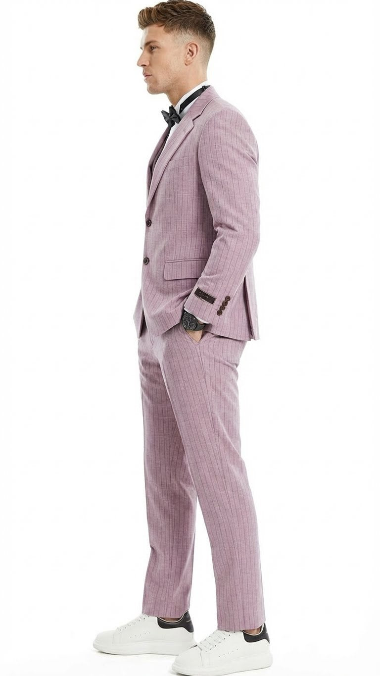 Men’s Dusty Rose Pink Pinstripe Three Piece Suit with Vest | Wedding and Party Formal Wear Prom or Church Suit - 34 Short or Extra Small