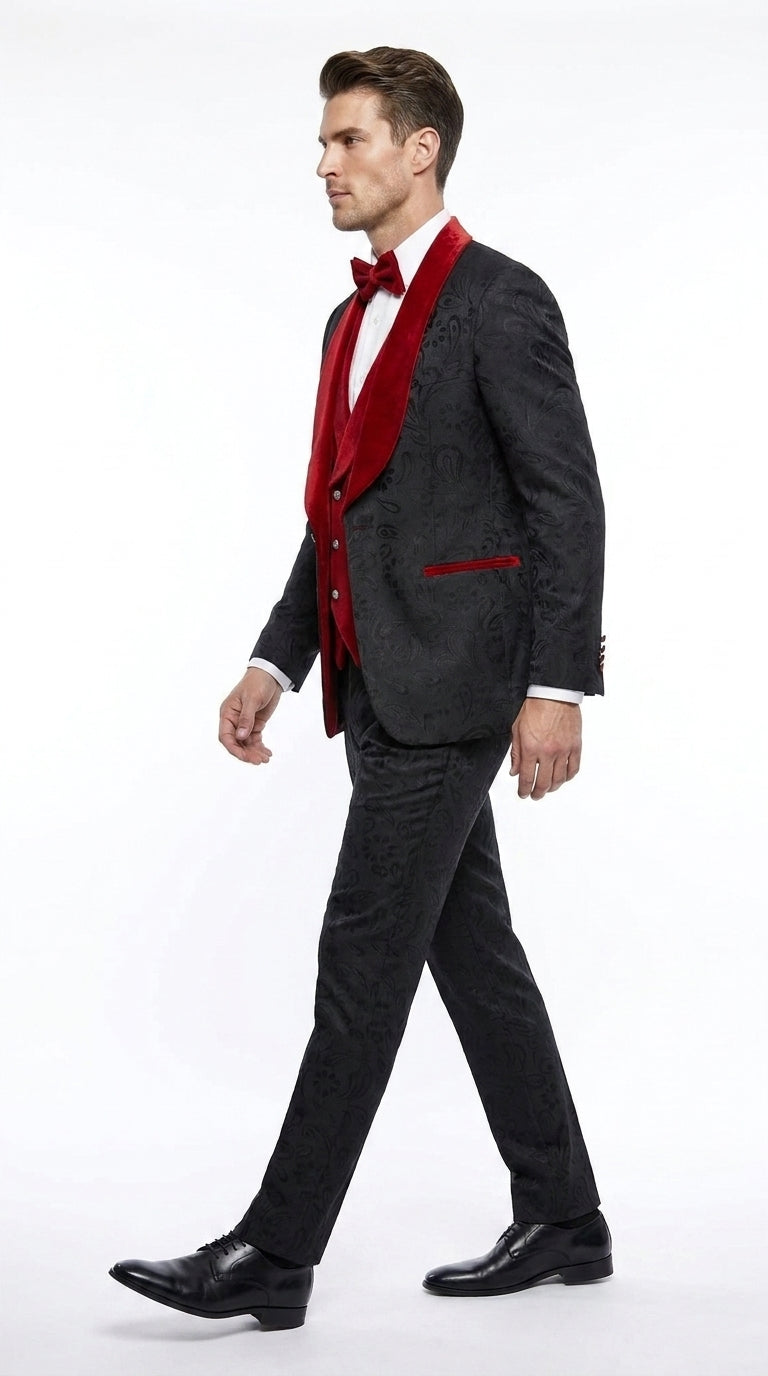 Men’s Black Paisley Tuxedo with Red Velvet Shawl Lapel – 3 Piece Wedding Prom Suit With Matching Bowtie - 34 Short or Extra Small