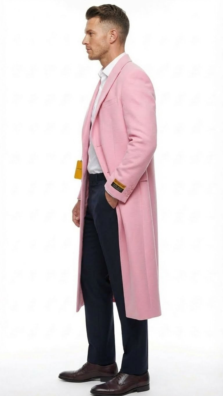 Men’s Pink Wool Blend Long Overcoat – Slim Fit Tailored Winter Coat - Carcoat - Topcoat - Coat Size 38