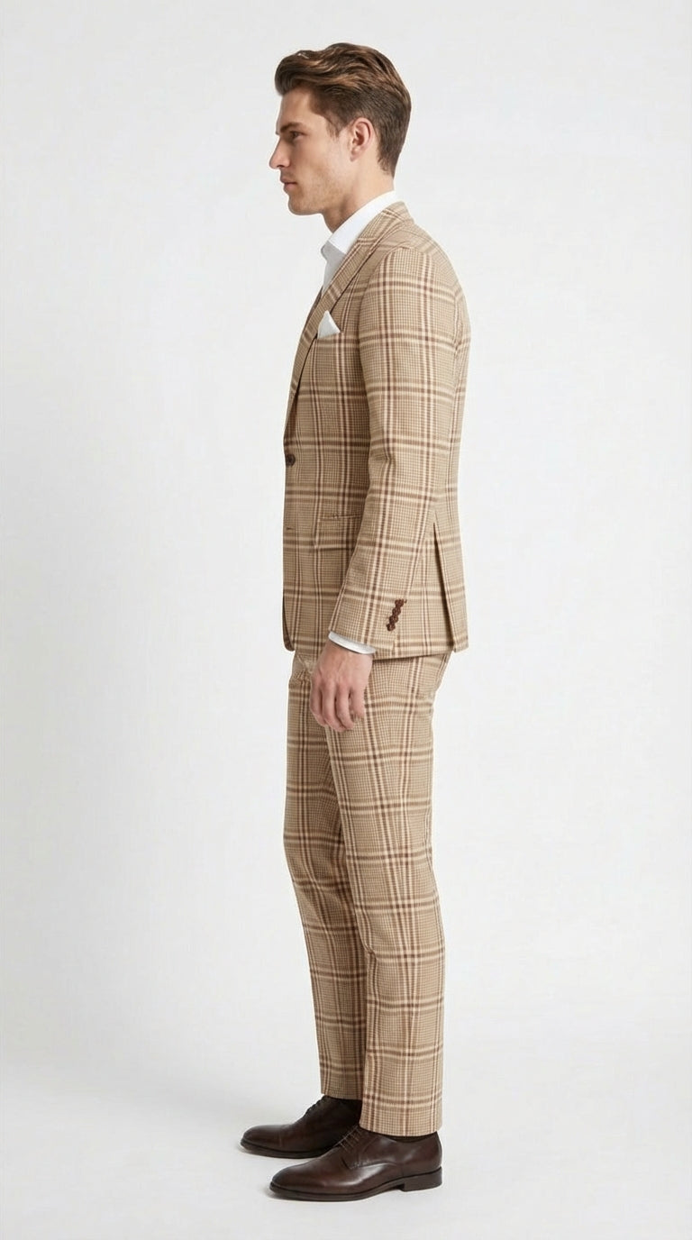 Beige Tan Plaid windowpane Two Piece Suit for Men | Classic Checkered Formal Suit with Jacket and Pants by Rossiman - 34 Short or Extra Small