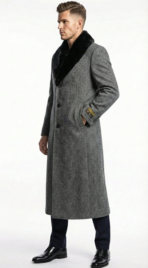 Men's Grey Herringbone Tweed Long Overcoat with Black Faux Fur Collar, Classic Winter Topcoat