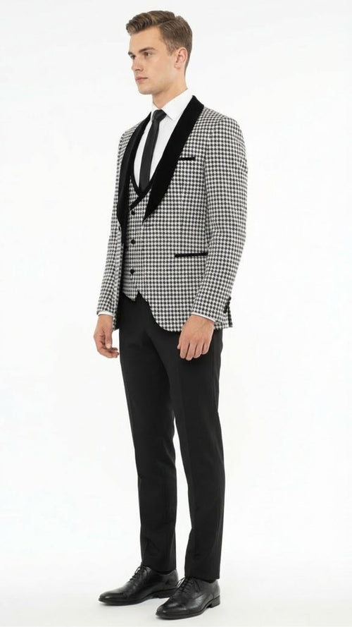 Mens Black and White Houndstooth Tuxedo Set with Velvet Shawl Lapel | 3-Piece Formal Suit with Double-Breasted Vest