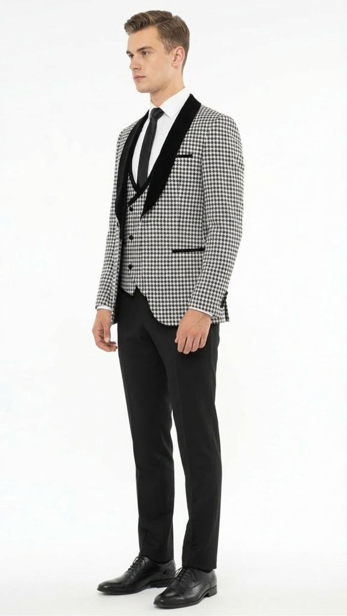 Mens Black and White Houndstooth Tuxedo Set with Velvet Shawl Lapel | 3-Piece Formal Suit with Double-Breasted Vest