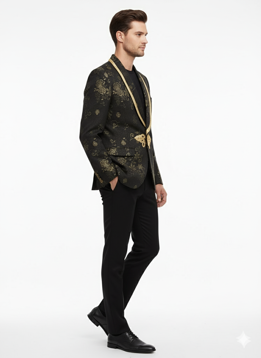 Men’s Black and Gold Embroidered Luxury Blazer – Designer Floral Pattern Wedding & Party Jacket (Sim534) - 36 Short