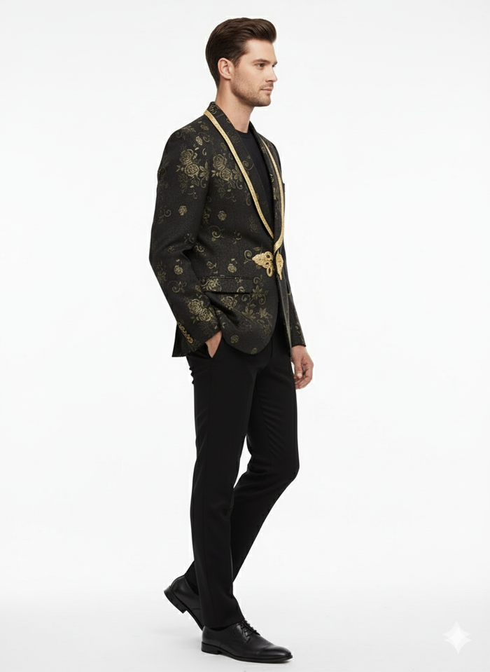 Mens Black and Gold Embroidered Luxury Blazer Designer Floral Pattern Wedding & Party Jacket (Sim534)