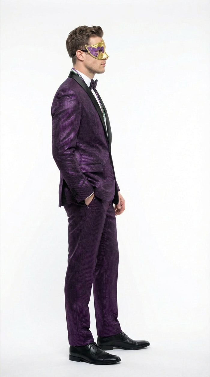 Mens Purple Shimmer Mardi Gras Suit with Black Satin Lapel Shiny Metallic Formal Party and Carnival Suit Sequin Look