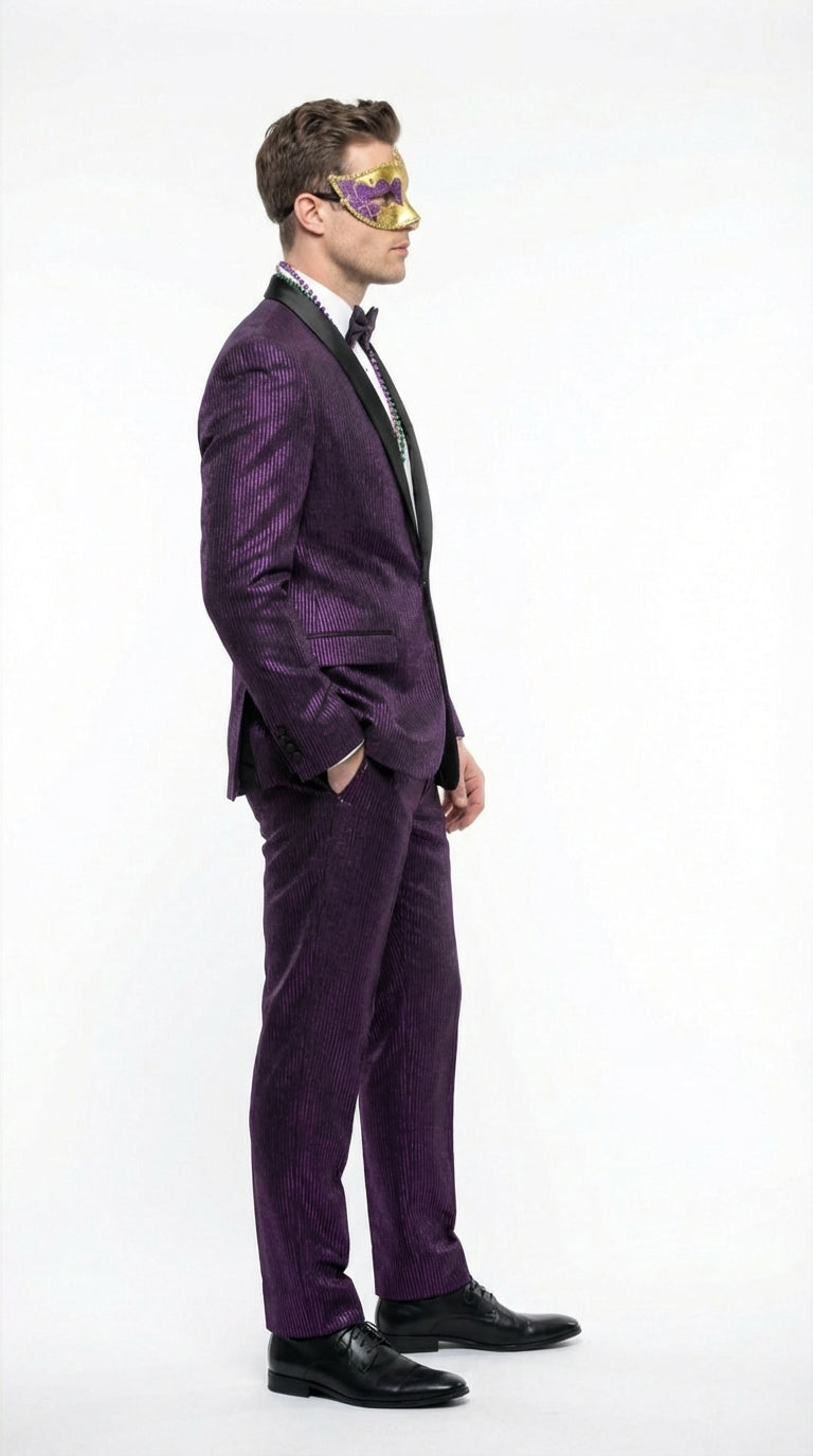 Mens Purple Shimmer Mardi Gras Suit with Black Satin Lapel Shiny Metallic Formal Party and Carnival Suit Sequin Look