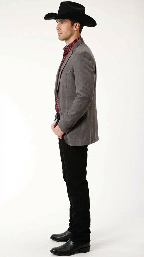 Mens Charcoal Gray Western Faux Suede Blazer Double Button Cowboy Jacket for Wedding & Party Wear