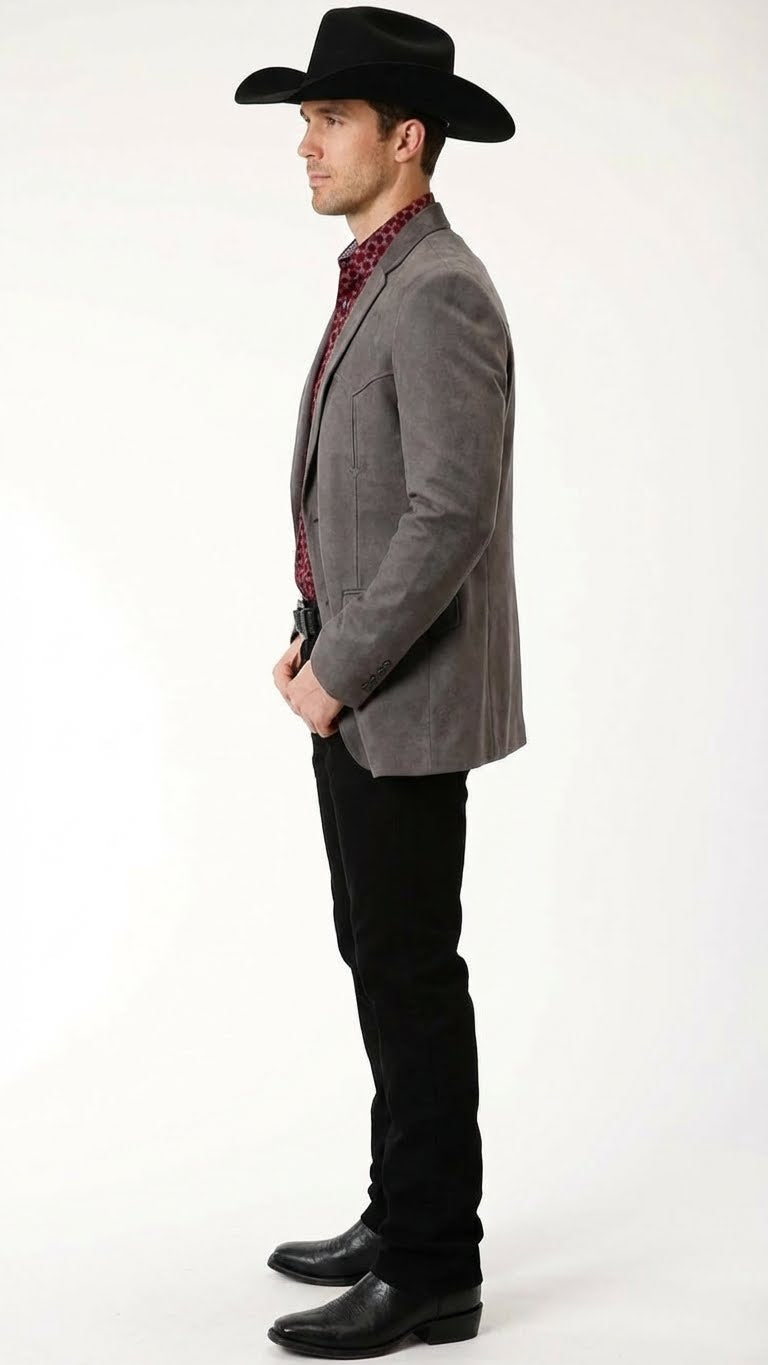 Men’s Charcoal Gray Western Faux Suede Blazer – Double Button Cowboy Jacket for Wedding & Party Wear - 36 Short