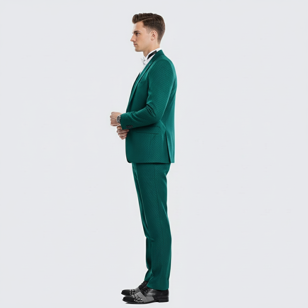 Men’s Emerald Green Textured 3-Piece Suit – Polk Dot Pattern Formal Wedding, Prom, and Evening Wear Outfit - 34 Short or Extra Small