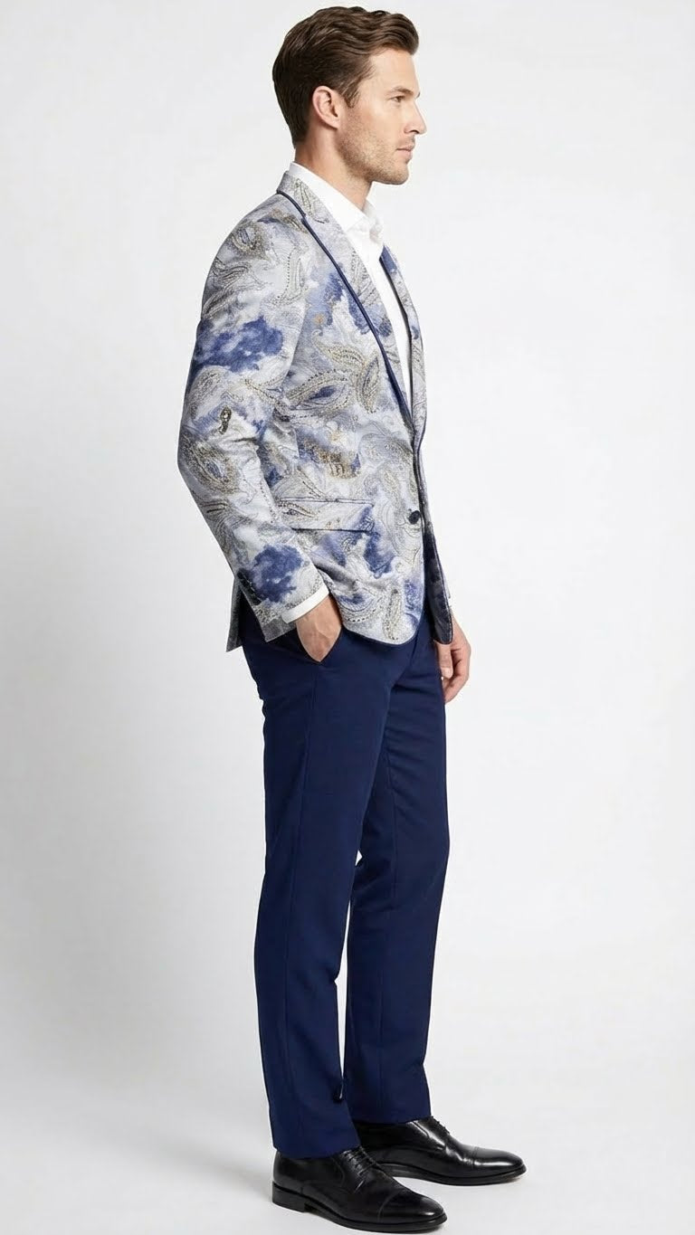 Menâ€™s Navy Blue and Gray Paisley Print Blazer â€“ Prom Jacket for Formal, Party, and Evening Wear - 36 Short