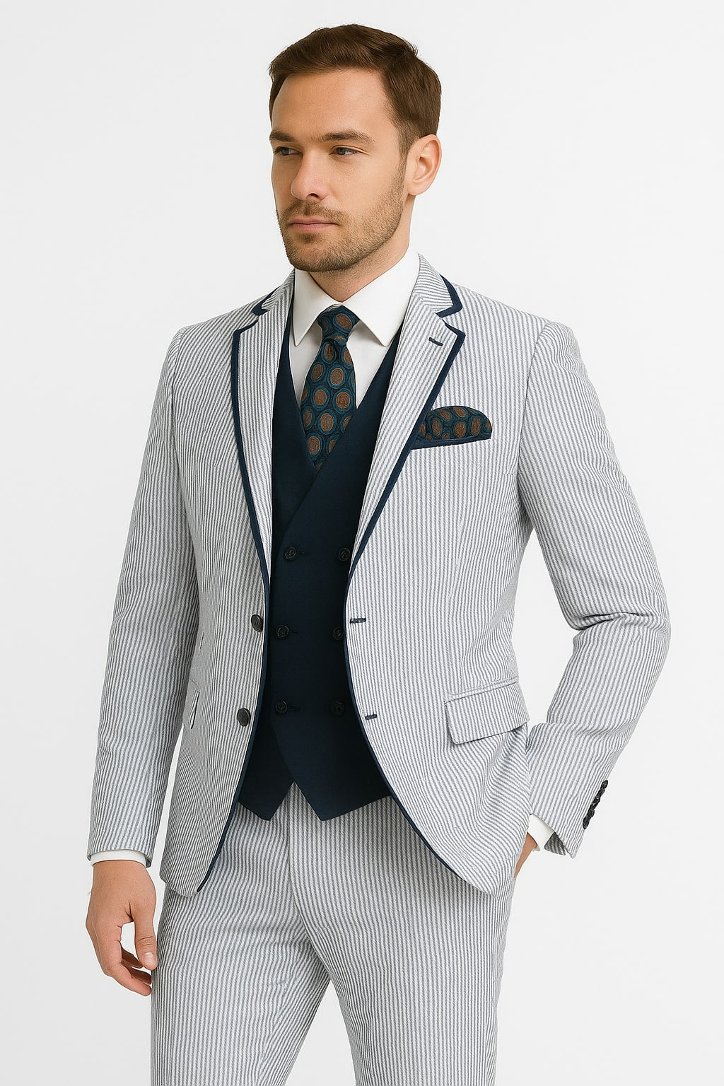 Men's White and Navy Pinstripe Suit with Contrast Trim – 3-Piece Seersucker Style Set for Weddings and Summer Events - 34 Short or Extra Small