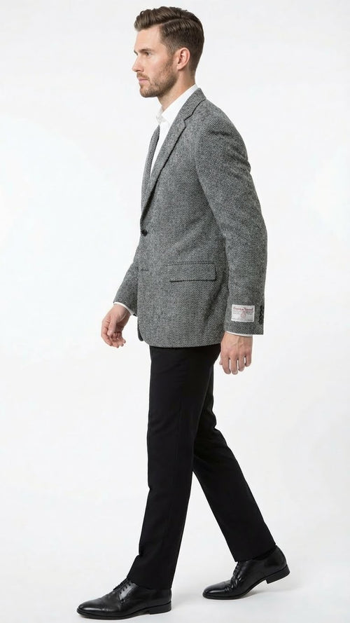 Mens Grey Harris Tweed Blazer Jacket, Classic Herringbone Wool Sport Coat for Business Casual