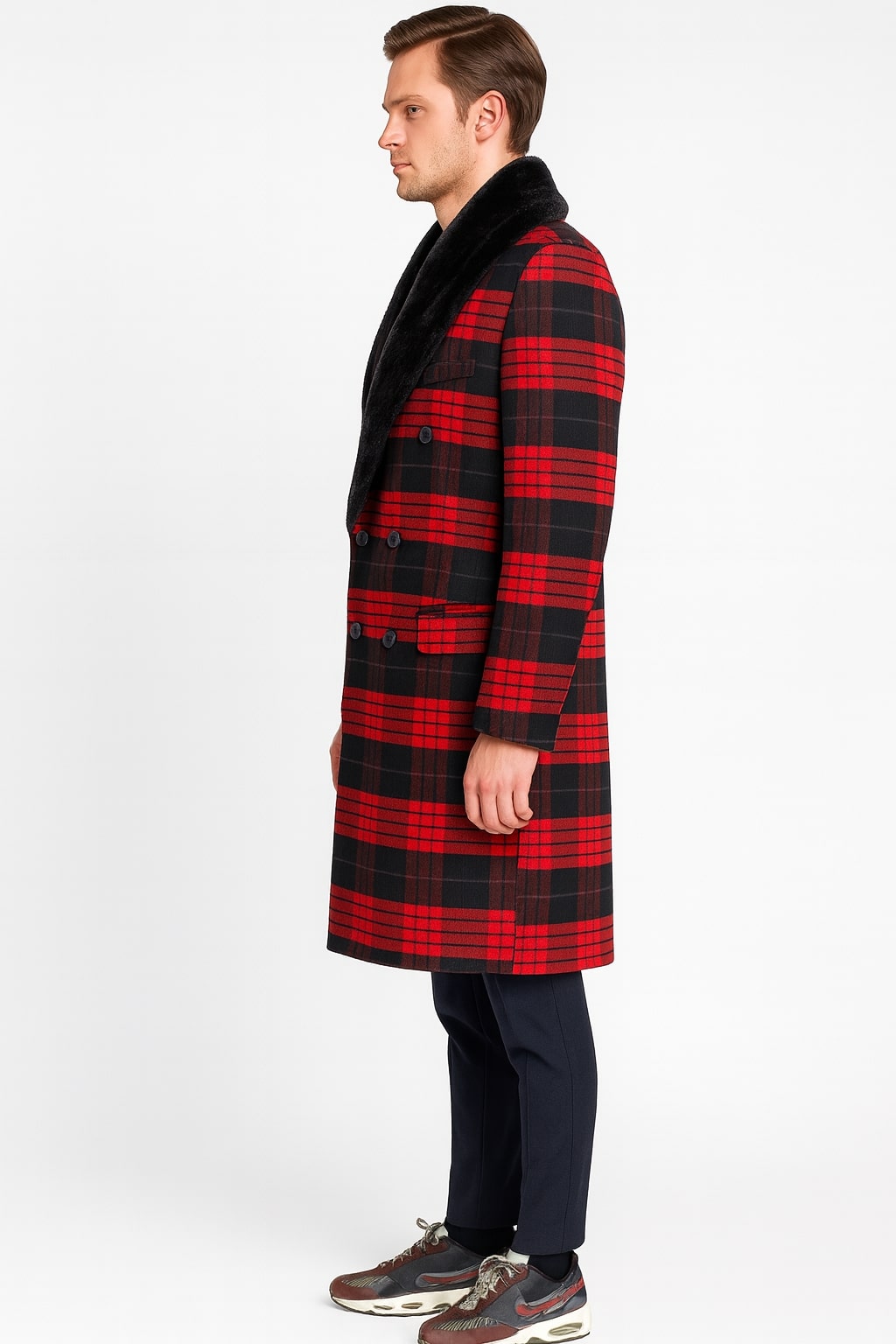 Mens Red and Black Plaid Wool Overcoat with Black Faux Fur Shawl Collar – Double-Breasted Winter Coat - Tartan Design - Coat Size 38