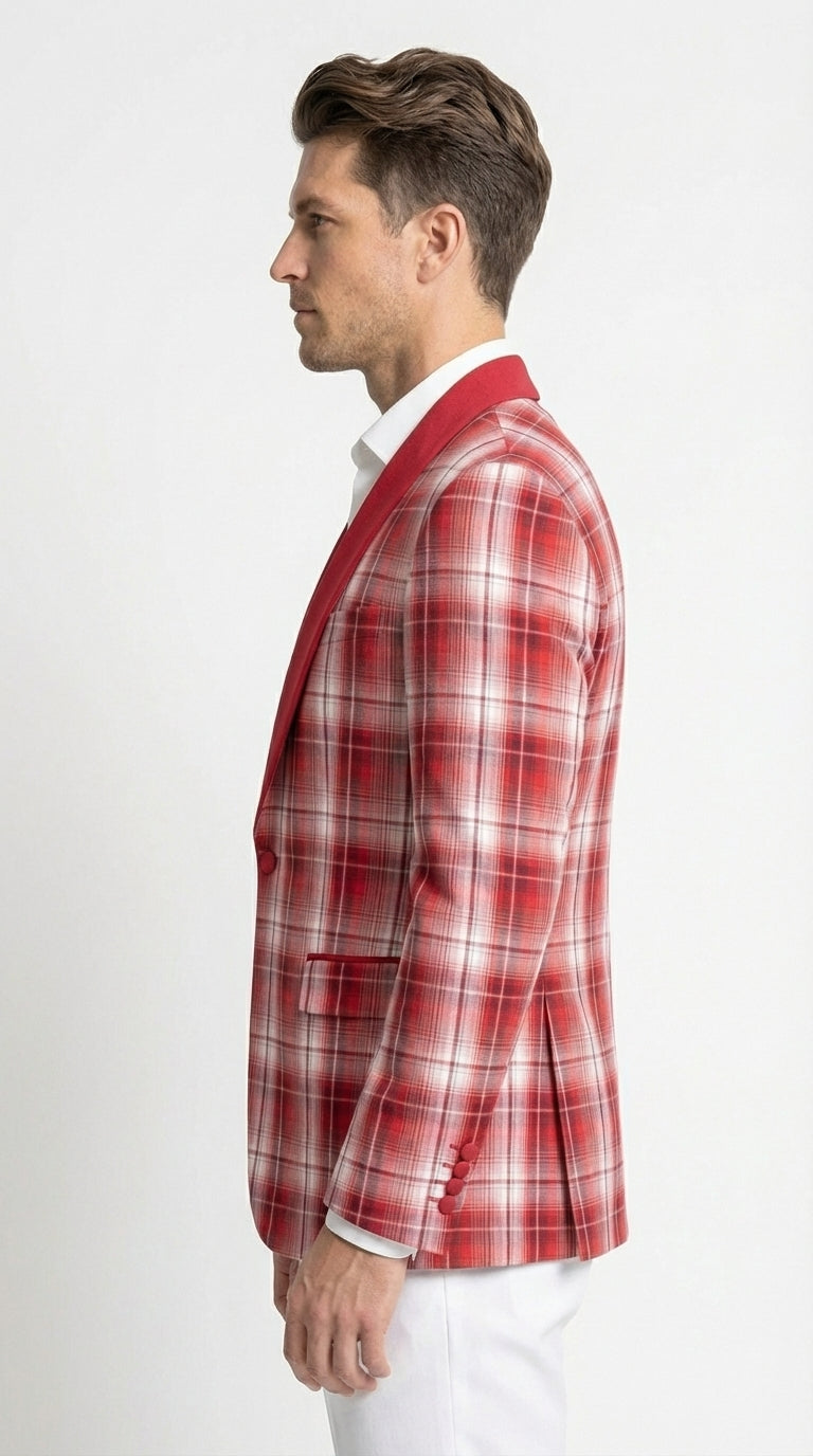 Mens Tartan Red and White Plaid Blazer – Check Pattern Sport Coat Red Shawl Lapel Party Christmas Holiday New Year - 36 Short