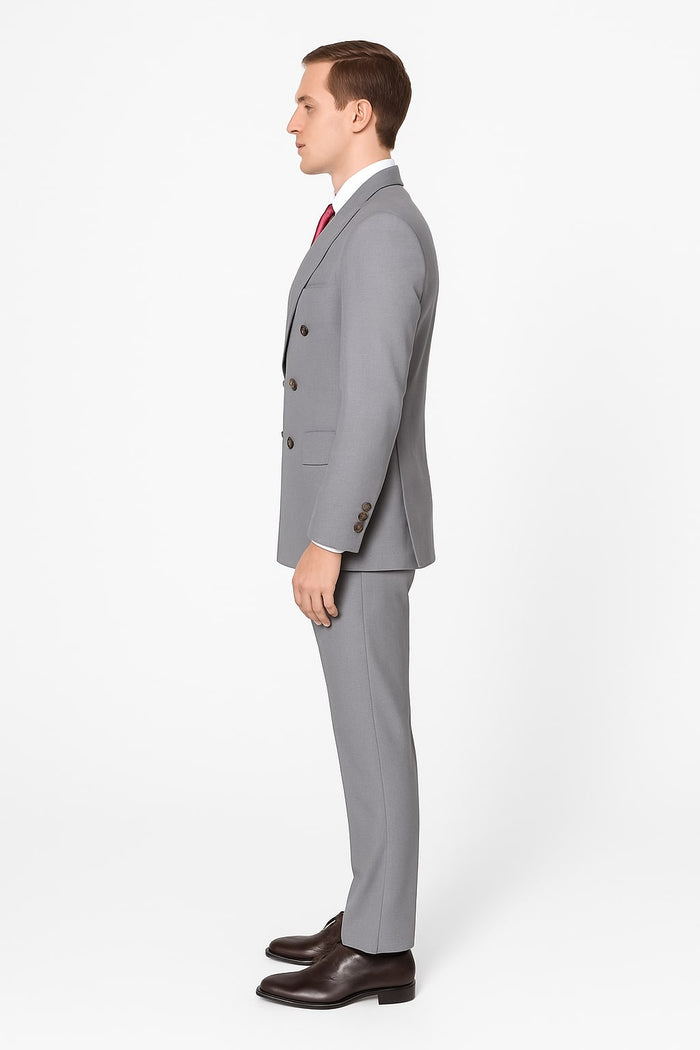 Mens Light Grey Double-Breasted Suit Classic Slim Fit Business and Wedding Formal Attire
