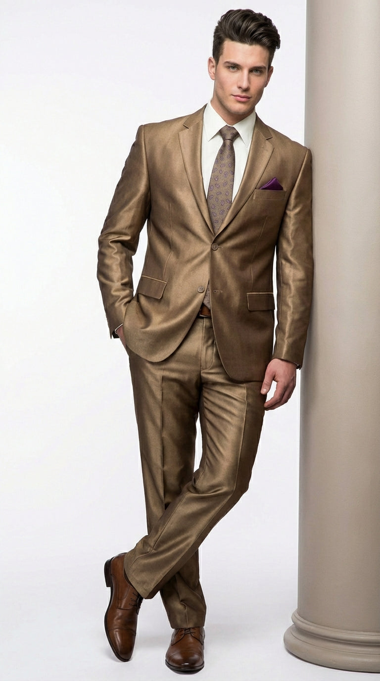 Mens Gold Brown Tan Beige Khaki Bronze Formal Suit – Luxury Metallic Finish Wedding and Prom Suit for Men - 34 Short or Extra Small