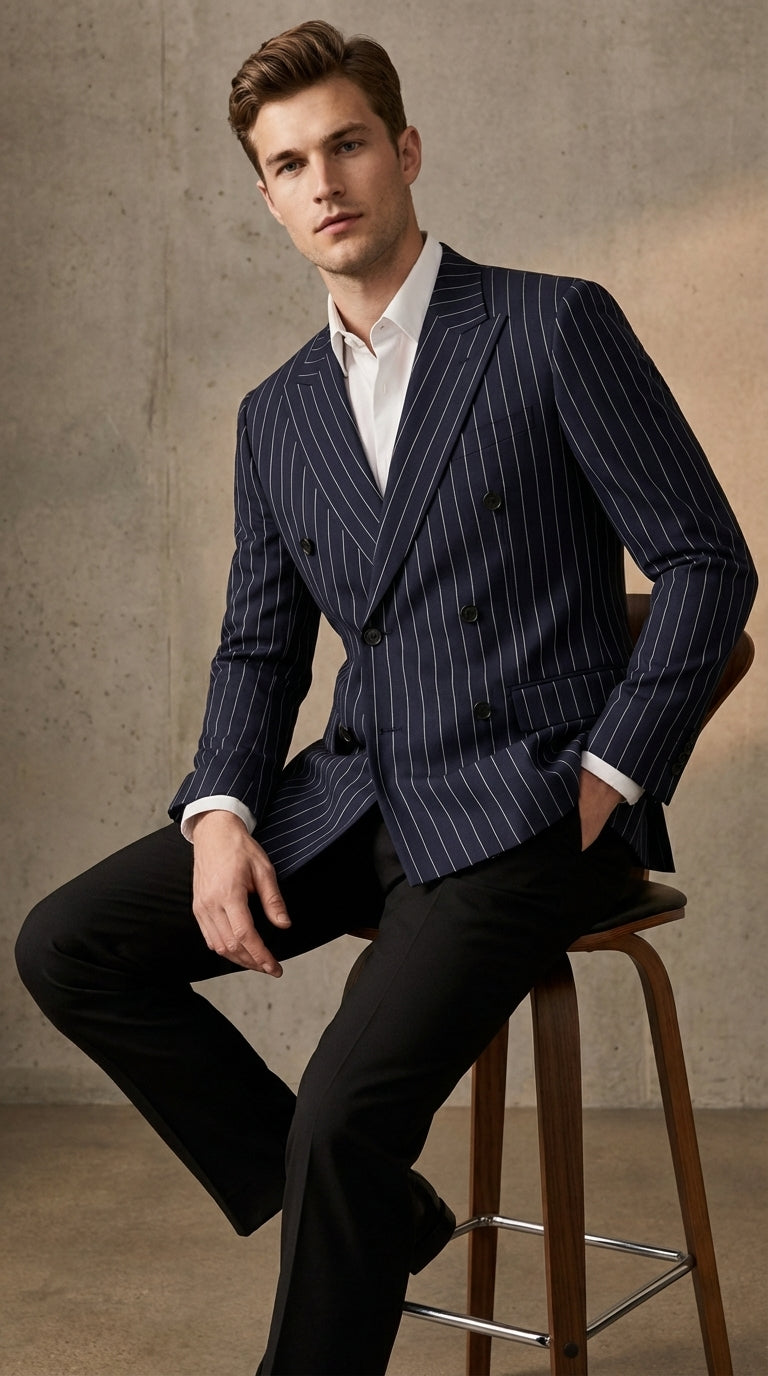 Mens Navy Blue Pinstripe Double Breasted Blazer Sport Coat – Classic Formal Business Jacket for Party and Smart Casual Wear - 36 Short
