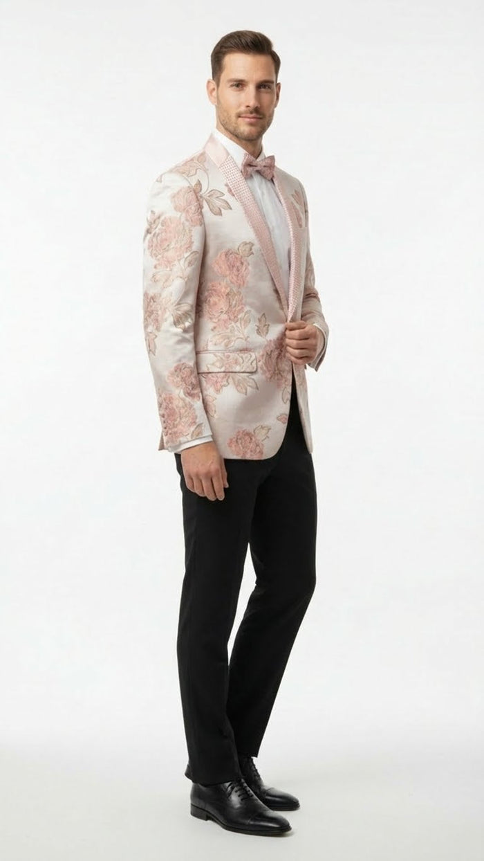 Mens Pink Blush Floral Jacquard Blazer with Embellished Shawl Lapel - Luxury Party and Wedding Wear Jacket