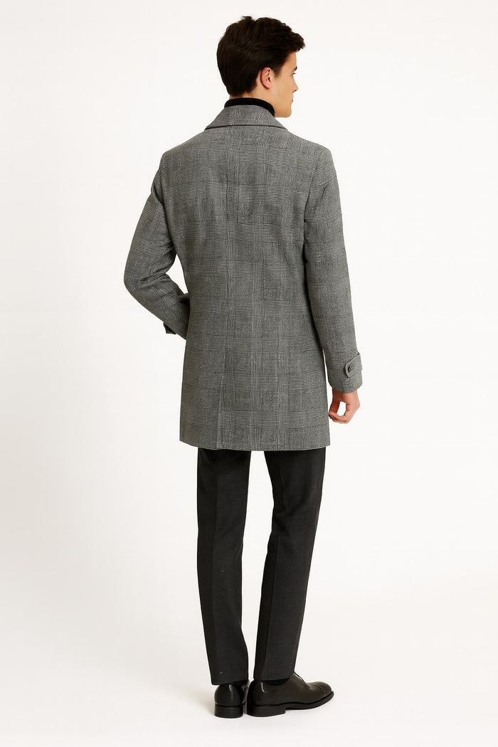 Mens Grey Plaid Double-Breasted Overcoat with Black Faux Fur Collar Classic Winter Peacoat