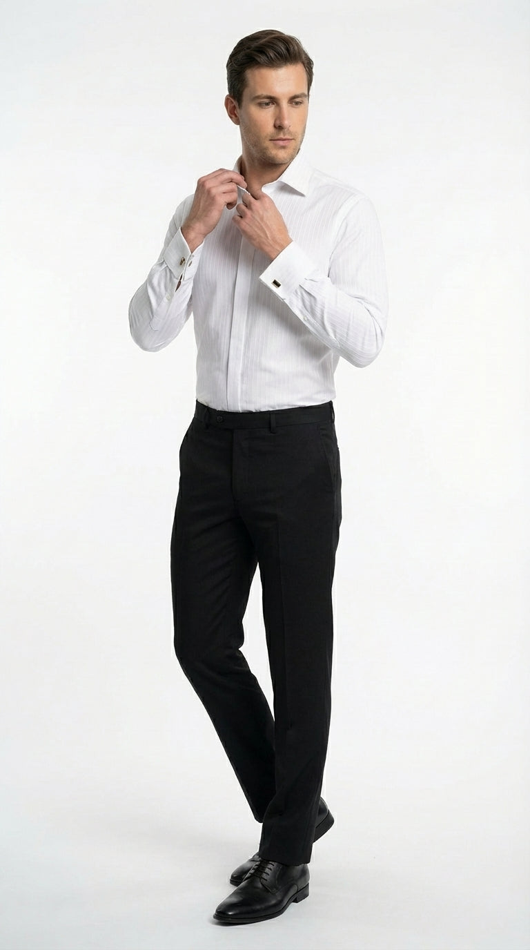 Mens White Herringbone Shadow and Tone on Tone Dress Shirt – Classic Formal Wedding - 15.5"Neck-34-35" Sleeve