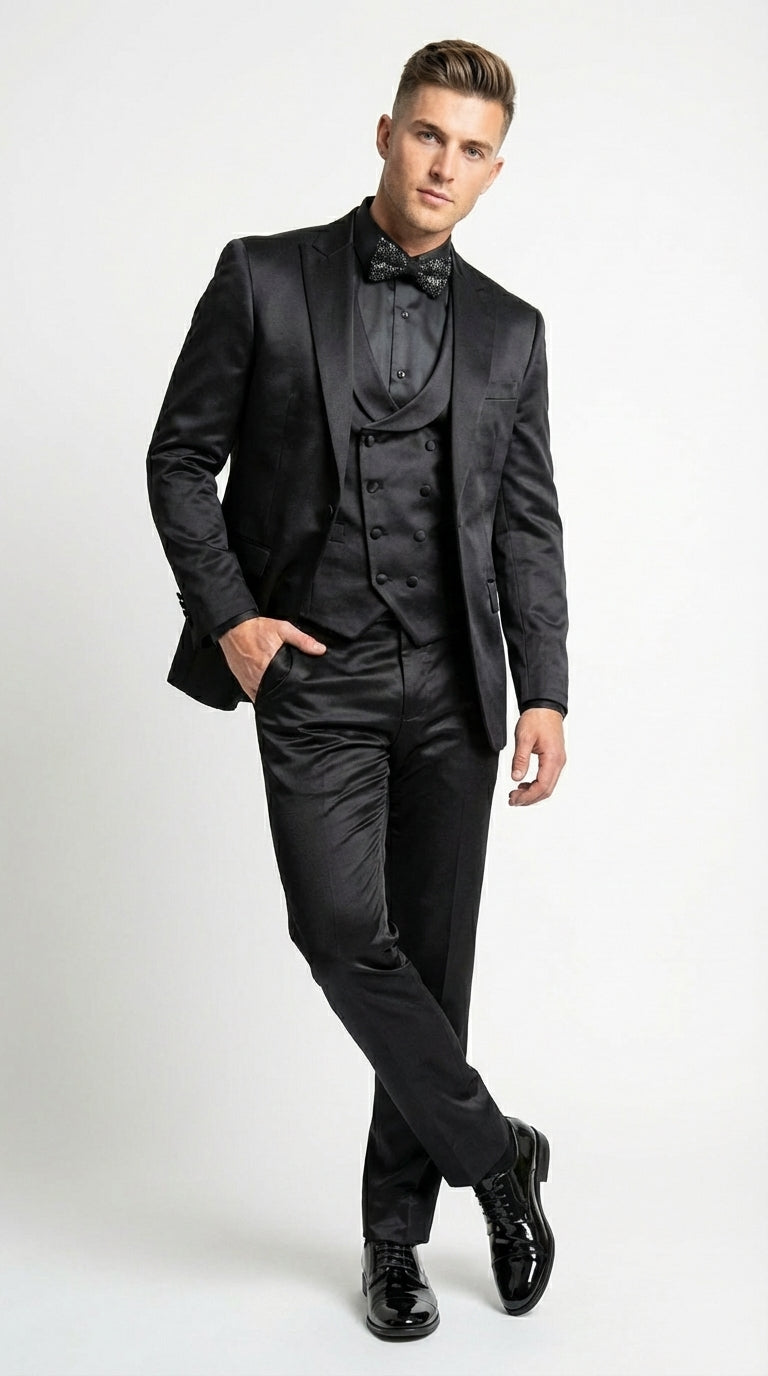 Men’s All Shiny Black Satin Suit – Black Satin Tuxedo Suit for Prom, Wedding, Formal Party and Evening Events Double breasted Vest - 34 Short or Extra Small