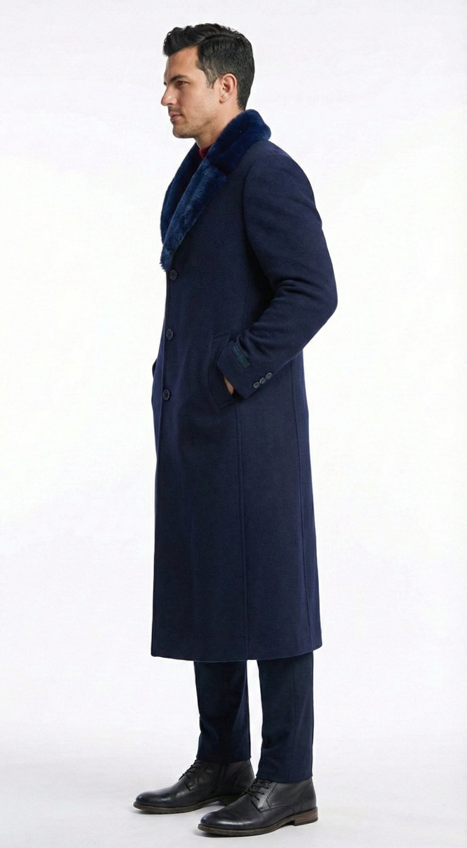 Mens Dark Navy Blue Long Overcoat with Faux Fur Collar, Classic Winter Dress Coat for Formal - Coat Size 38