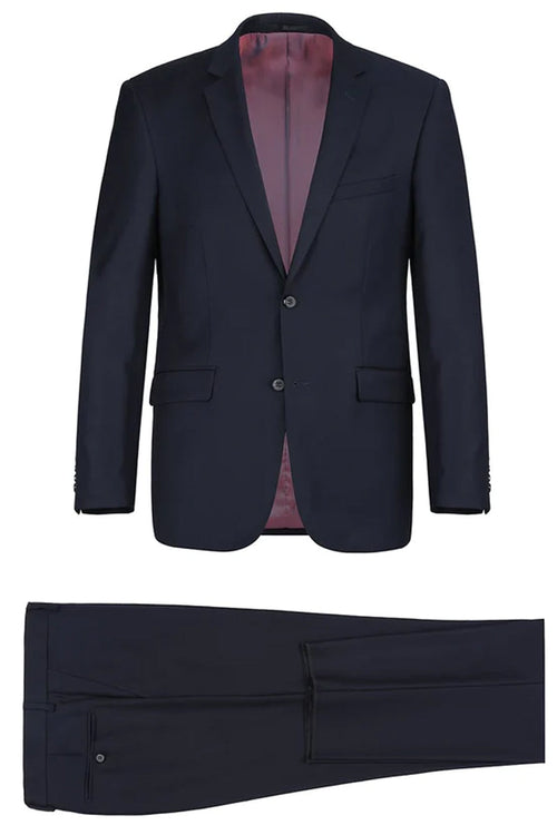 "Navy Blue Slim Fit Wool Suit for Men - Basic Two Button with Optional Vest"