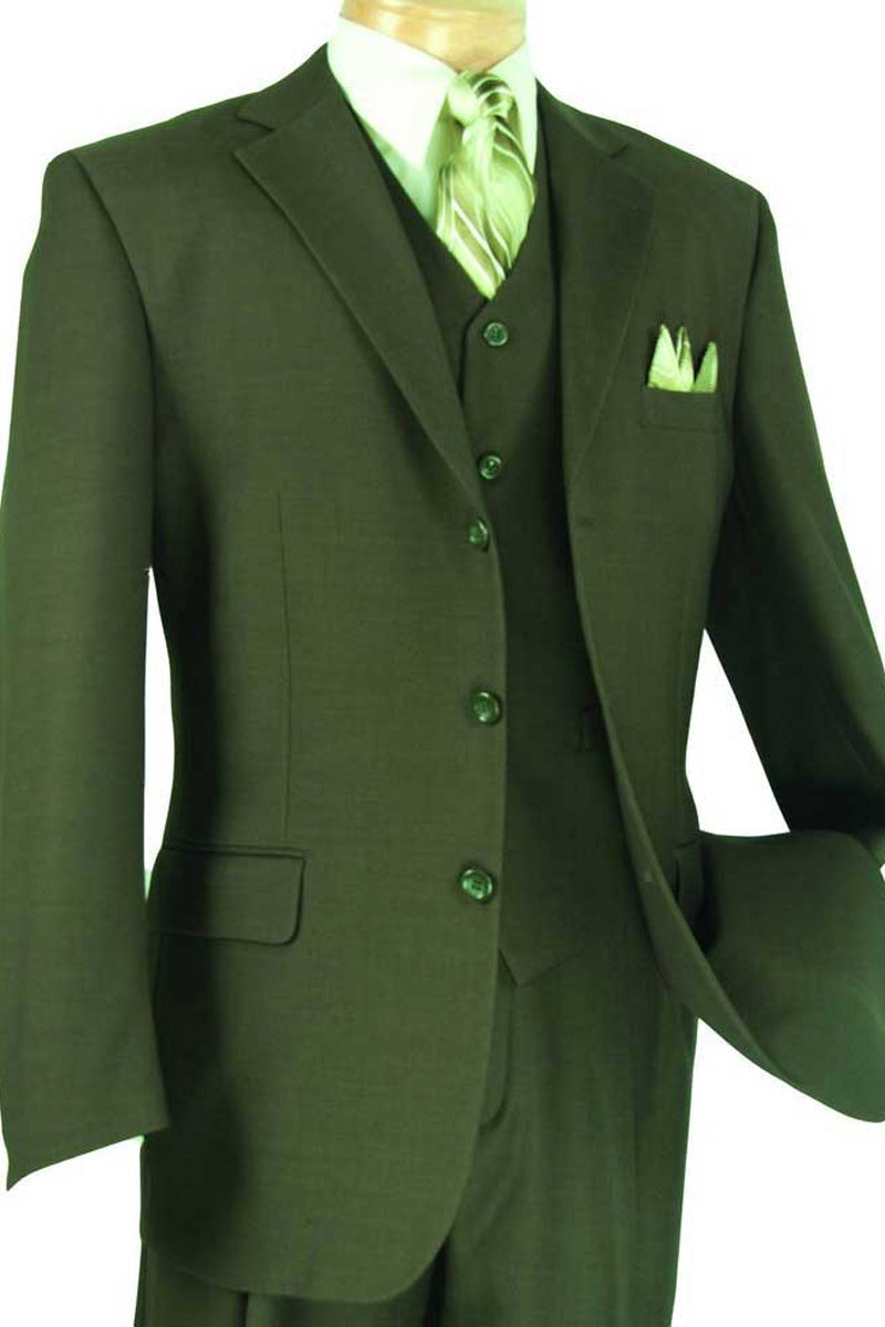 Mens 2 Button Vested Basic Wool Feel Suit in Olive - 40 Short
