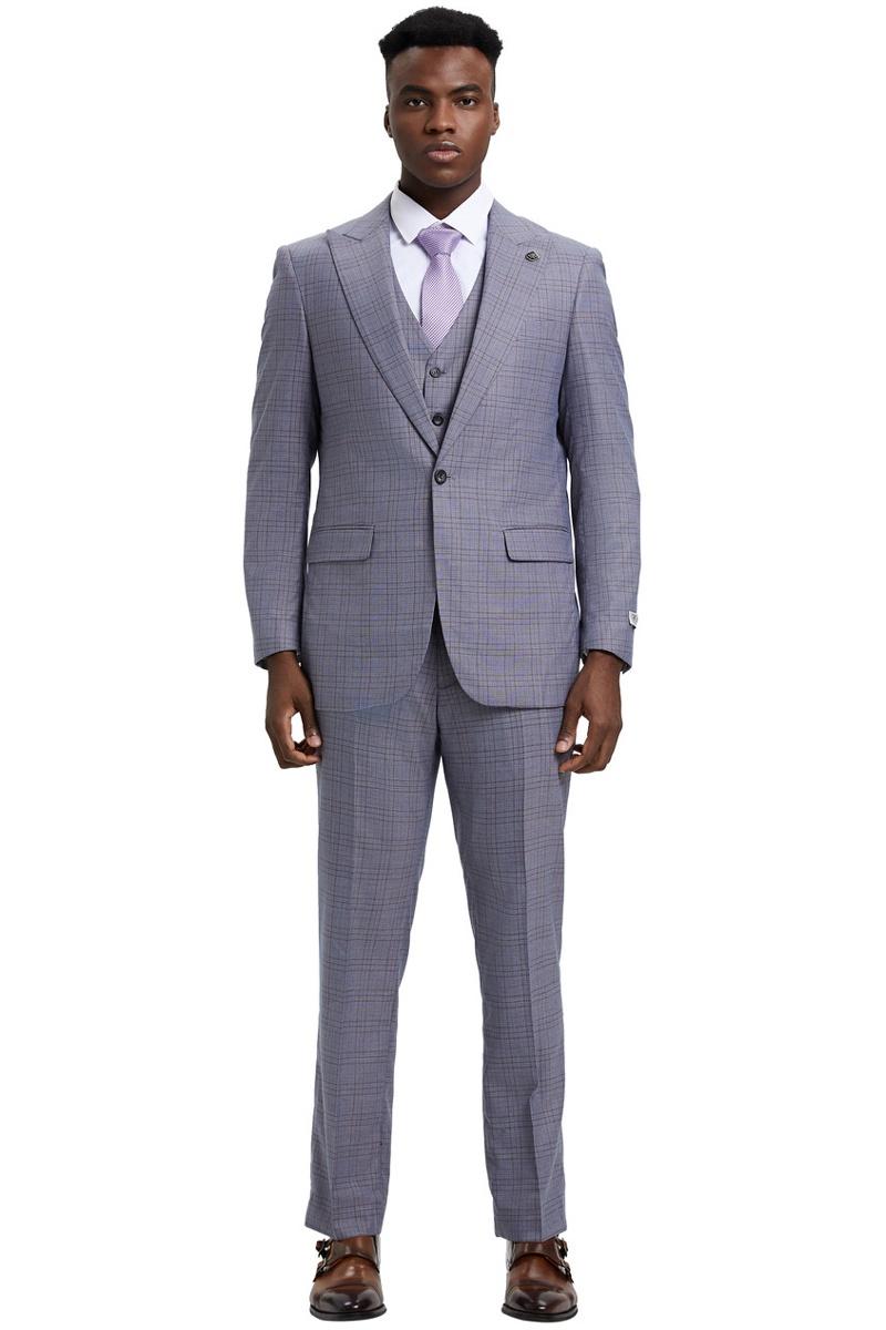 Men's Stacy Adams Vested One Button Wide Peak Lapel Windowpane Plaid Suit in Light Grey - 38 Regular