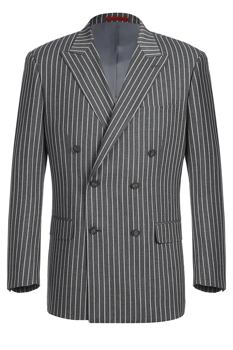 Classic Fit Men's Double Breasted Pinstripe Suit - Charcoal Grey