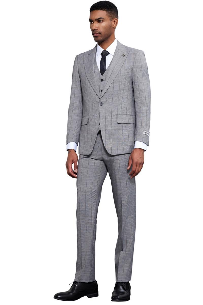Men's Stacy Adams Modern Fit Vested Tonal Windowpane Plaid Suit in Light Grey - 38 Regular