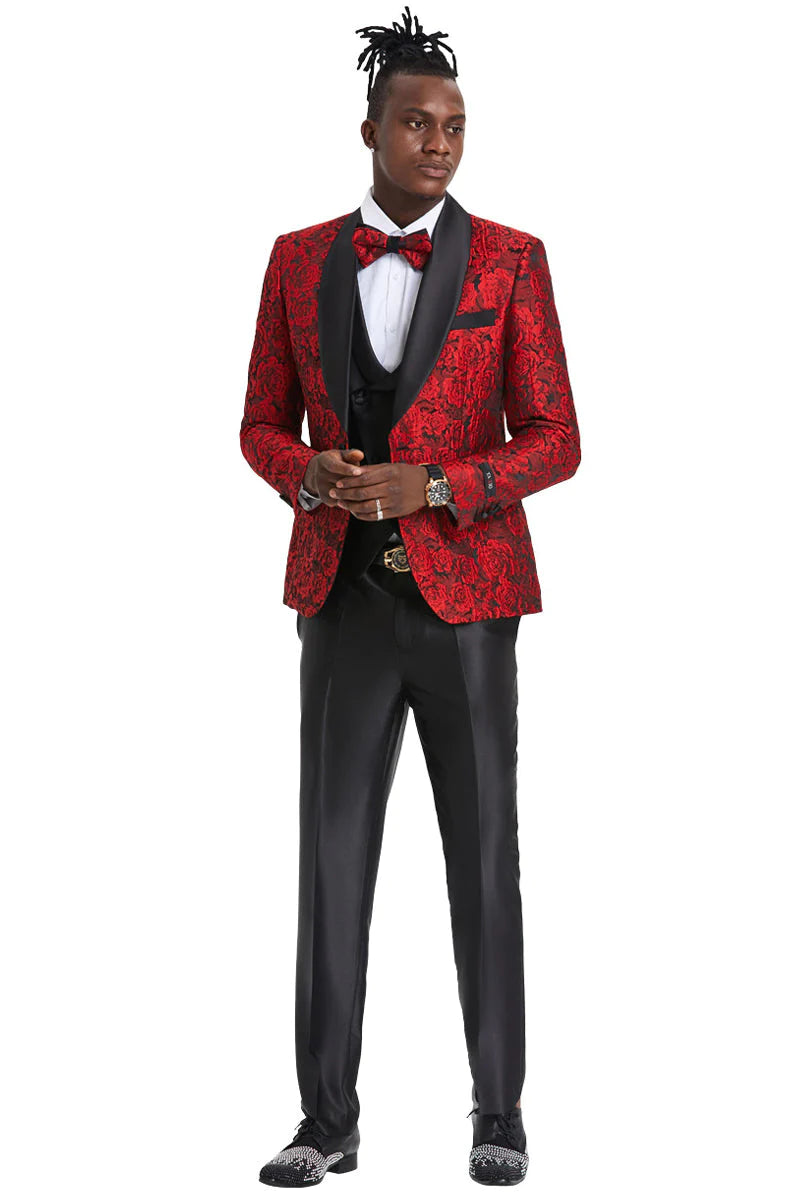 "RED PAISLEY FLORAL MEN'S PROM TUXEDO - SLIM FIT ONE BUTTON VESTED"